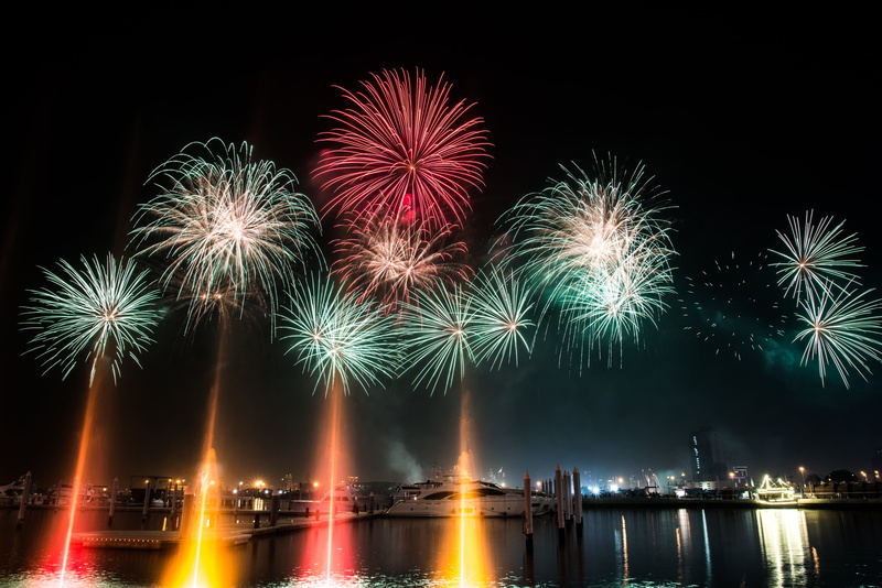 new years eve, architecture, marina, firecrackers, sky, building exterior, dubai, city, boat, nature, firework display, firework, night, water, fireworks
