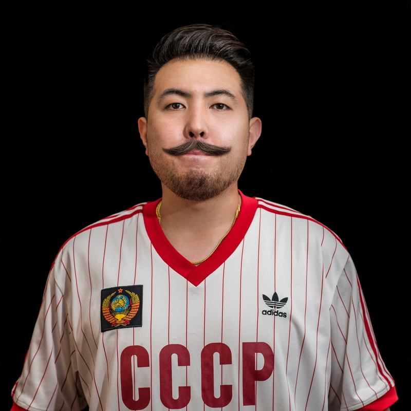 glasses, face, young men, indoors, cccp, pose, western script, beard, cut out, red, adidas, soccer, studio shot, young adult, brand, football, people, front view