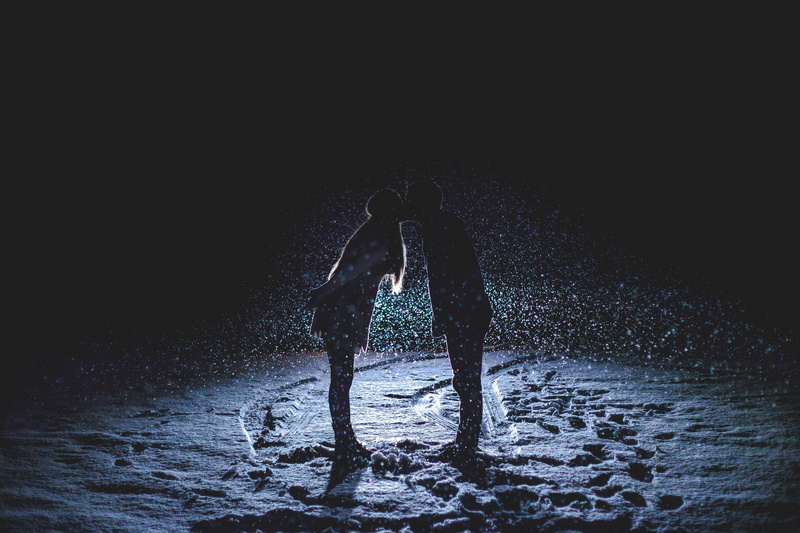 car, outdoors, ankle deep in water, girl, couple, night, man, water, dark, lifestyles, unrecognizable person, standing, nature, snowing, romantic, snow