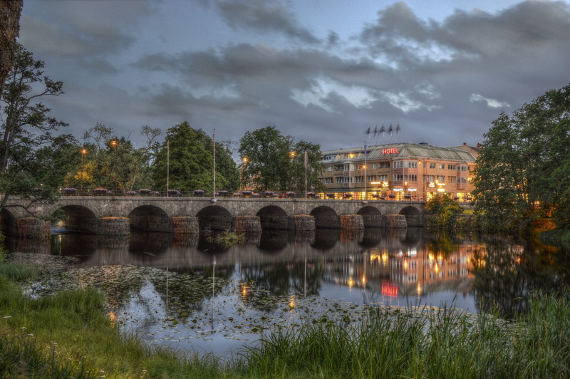2K, bridge - man made structure, sweden, no people, lake, bridge, trees, cloudy, plant, buildings, cloud - sky, night, river, building, store, built structure