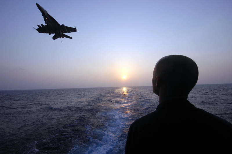 horizon over water, plane, silhouettes, sky, sunset, outdoors, water, military, mode of transportation, motion, ocean, fighter, clouds, air vehicle, horizon