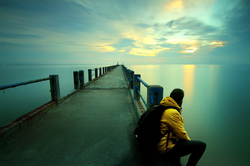 nature, tranquility, real people, thinking, men, ocean, sunset, sitting, outdoors, rear view, idyllic, the way forward, 2K, guy, sky, scenics - nature