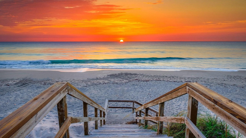 beauty in nature, tequesta, railing, tranquility, outdoors, stairs, coast, sea, sky, ocean, shore, jupiter island, beach, wood, florida, wood - material