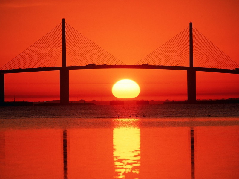 sea, 720P, sunset, Florida, bridge, sunlight, silhouette
