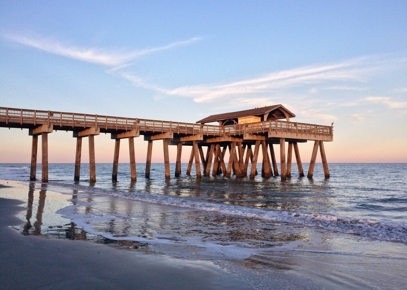 georgia, pier, built structure, water, coast tybee island, tranquil scene, wood - material, blue, horizon, beach, tranquility, sky, beauty in nature, ocean