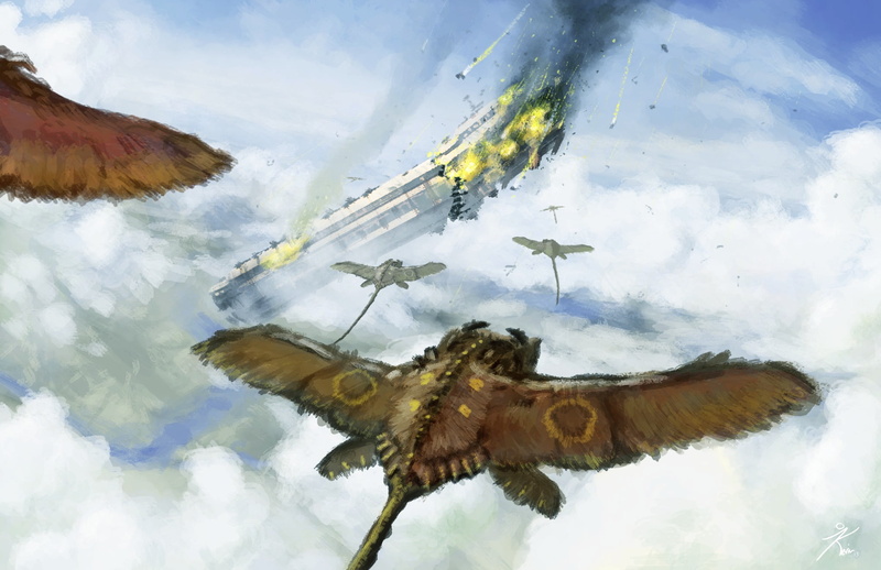 bats, debris, sky, animal themes, cloud - sky, snow, winter, mid-air, day, moths, low angle view, clouds, outdoors, spaceship, no people, 1080P, fantasy art