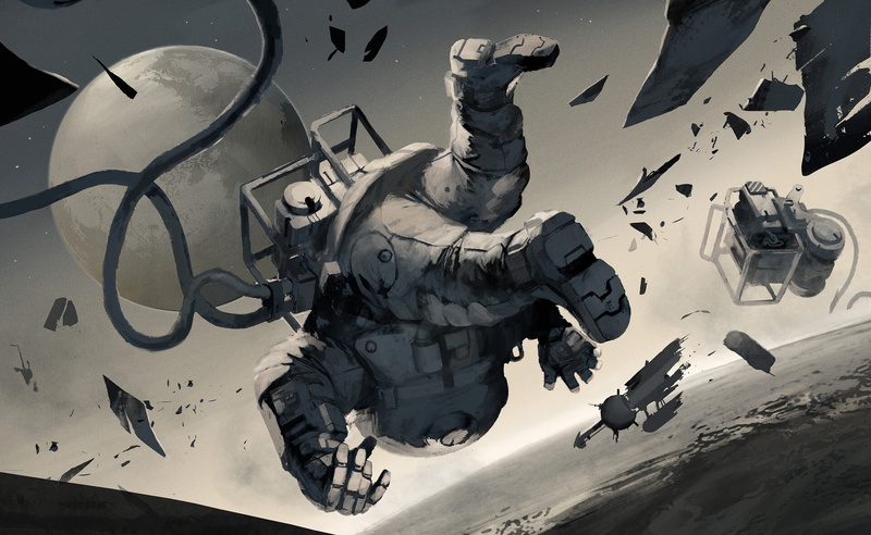 helmet, debris, astronaut, planet, 1080P, monochrome, space station, science fiction, crash