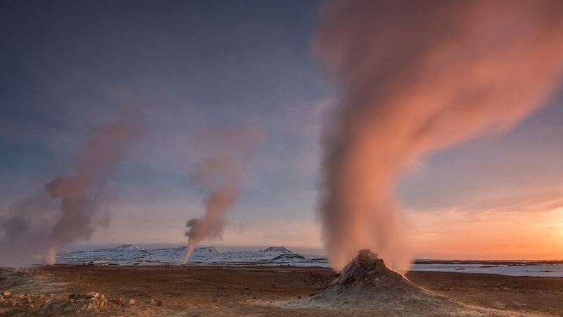 sunset, 720P, geothermal place, landscape, Iceland, orange sky, geysers