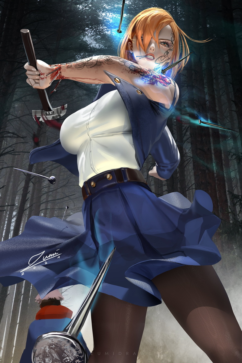 2K, shirt, black pantyhose, Zumi, drawing, anime girls, anime, fan art, hammer, redhead, uniform, artwork, portrait display, pantyhose, blood, zumidraws