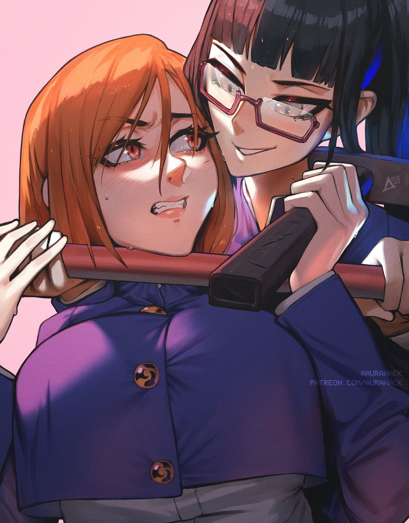 black hair, anime, parted lips, artwork, sweaty body, spear, anime girls, ponytail, undercut (hairstyle), grin, school uniform, staff, blunt bangs, Zenin Maki