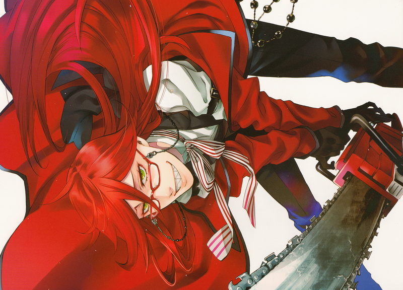 red hair, teeth, Dark Butler, chainsaw, hell of a grin, Kuroshitsuji, Since Toboso, 4K, crazy, maniac, Grell Sutcliff