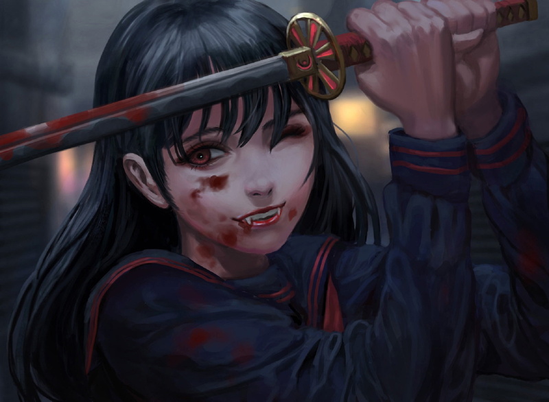 katana, besima, vampire, spot, blood, Jae Hyuck Jang, hell of a grin, hunger, fangs, art, blade, vampire girl, Kravis, 1080P
