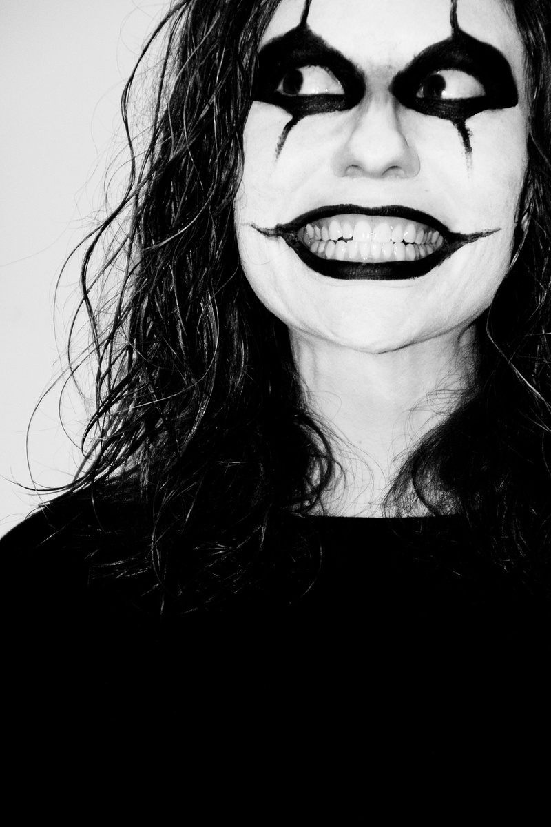 funny, greyscale, smile, headshot, leisure activity, human face, paint, real people, indoors, 4K, close-up, looking at camera, long hair, face paint, women