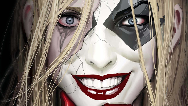 comics, mask, blue eyes, grin, 1080P, face, fantasy girl, lipstick, superheroine, artwork, Harley Quinn, fantasy art, hair in face, mouth, girl, blonde