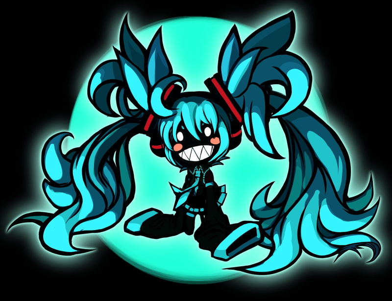 hatsune miku, illuminated, indoors, human representation, computer Graphic, studio shot, 720P, horror, black Color, image, glowing, illustration, blue background