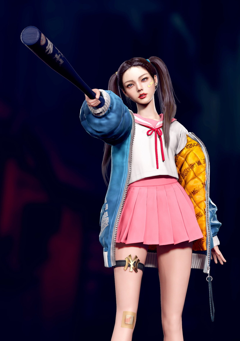 CGI, 720P, looking at the side, JK, pink skirt, Eunji Lee, ponytail, women