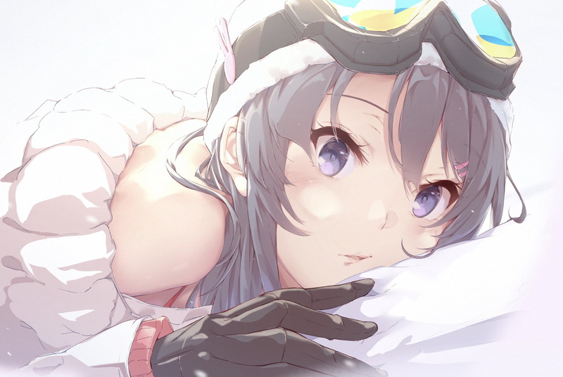 looking at viewer, violet eyes, anime girls, winter, fan art, white sweater, Sakurajima Mai, white bed sheets, 1080P, white cap, blushing, Seishun Buta Yarou wa Bunny Girl Senpai no Yume o Minai