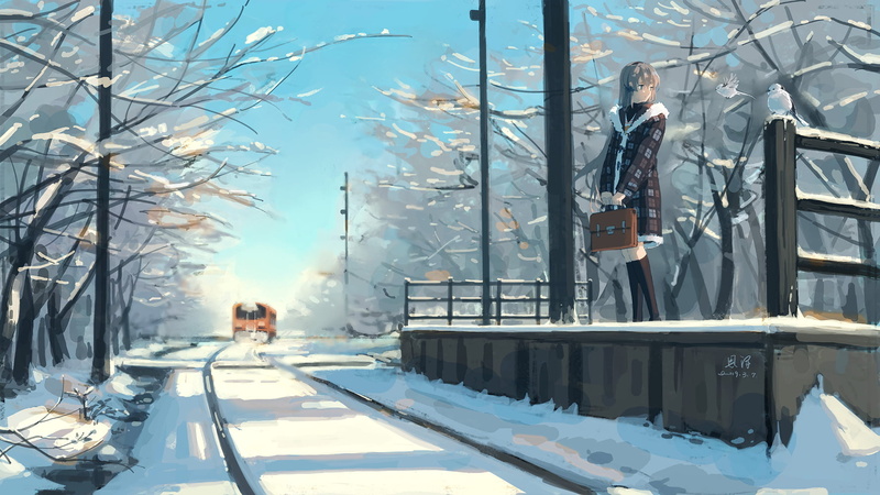 2D, JK, long hair, anime girls, fan art, visual novel, blue eyes, 720P, snow, Sakagami Tomoyo, school uniform, birds, cardigan, grey hair, railway, train station