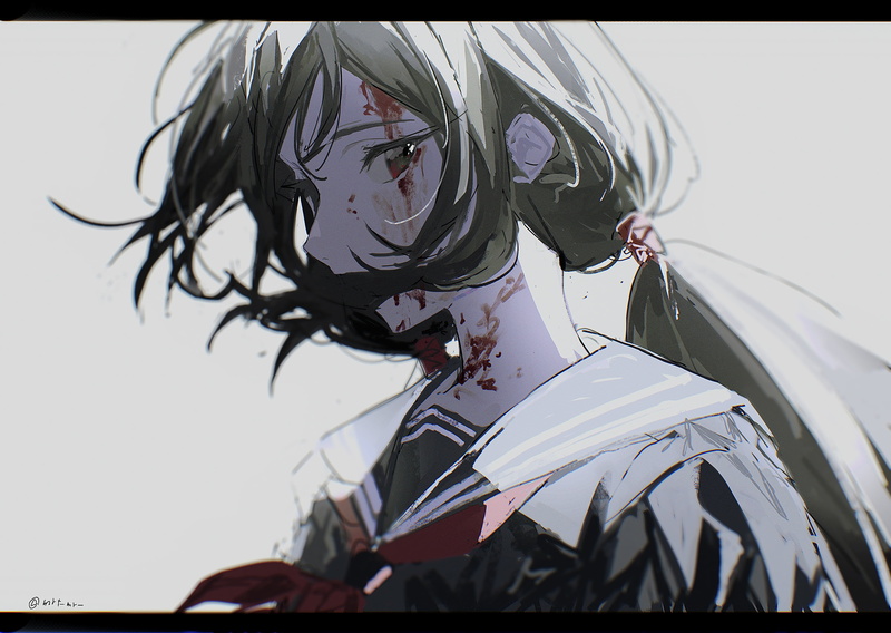 anime, school uniform, hair blowing in the wind, artwork, anime girls, pale, 2D, 4K, fan art, gray background, profile, bangs, Blood-C, long hair, blood stains