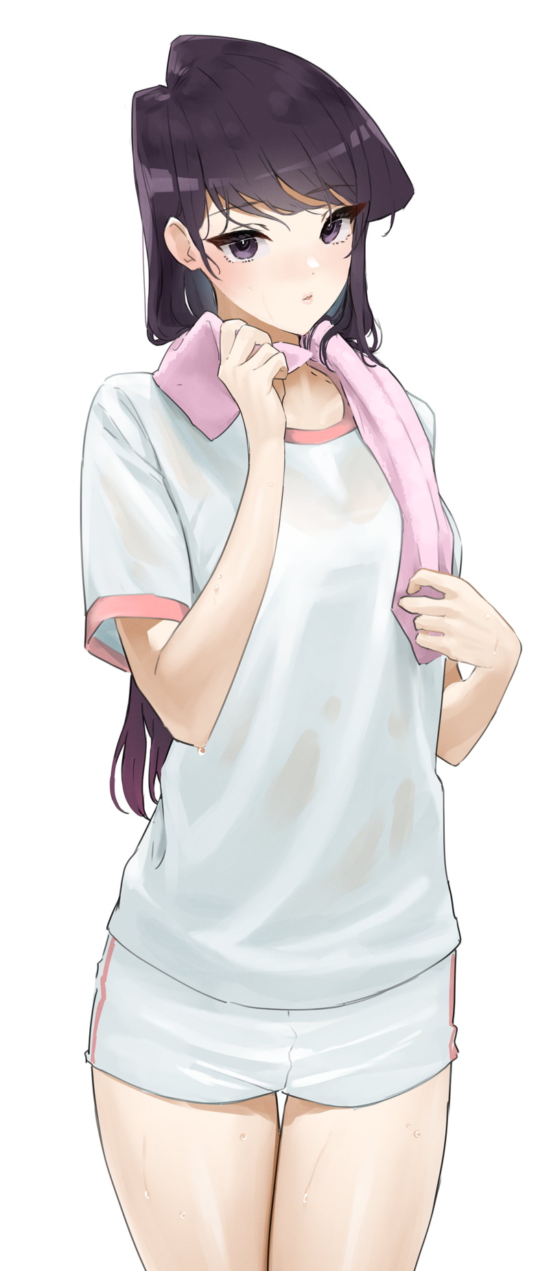looking at viewer, anime girls, vertical, 2D, Comyushou desu., 2K, blushing, sweatdrop, thighs, black hair, fan art, parted lips, rubbing with towel, slender