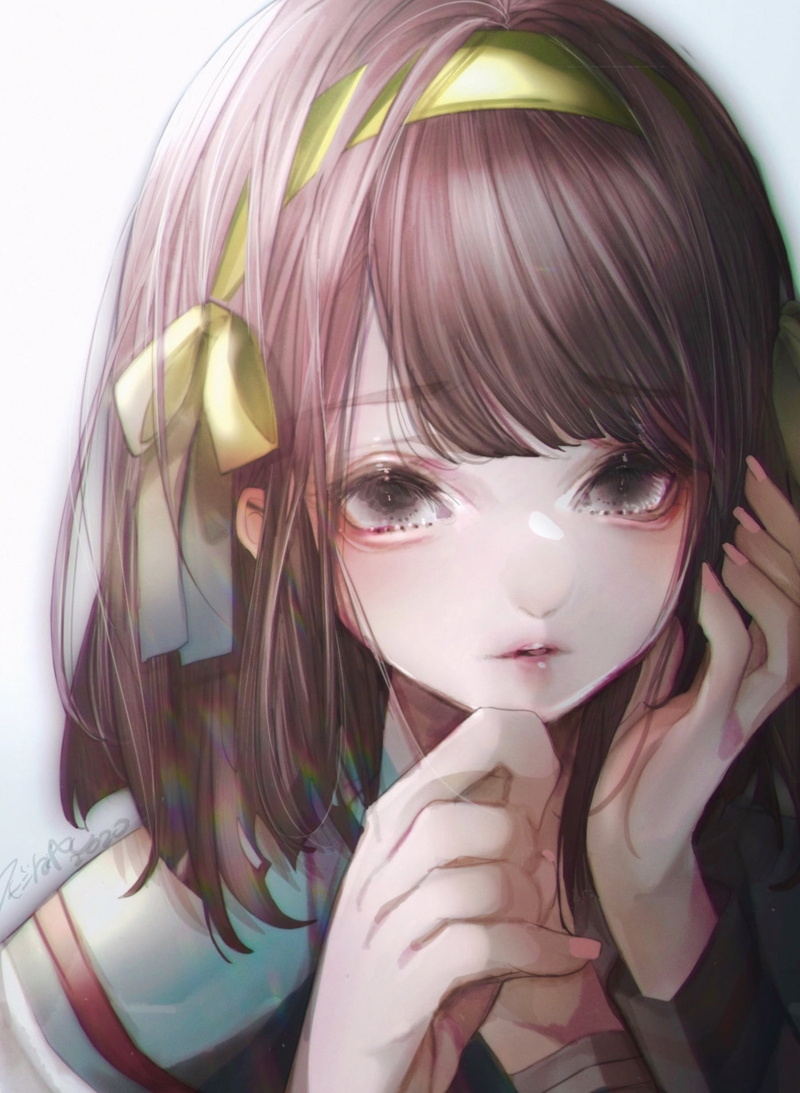 looking at viewer, hand on face, fan art, vertical, long hair, school uniform, 2D, blushing, Suzumiya Haruhi, hair in face, JK, The Melancholy of Haruhi Suzumiya