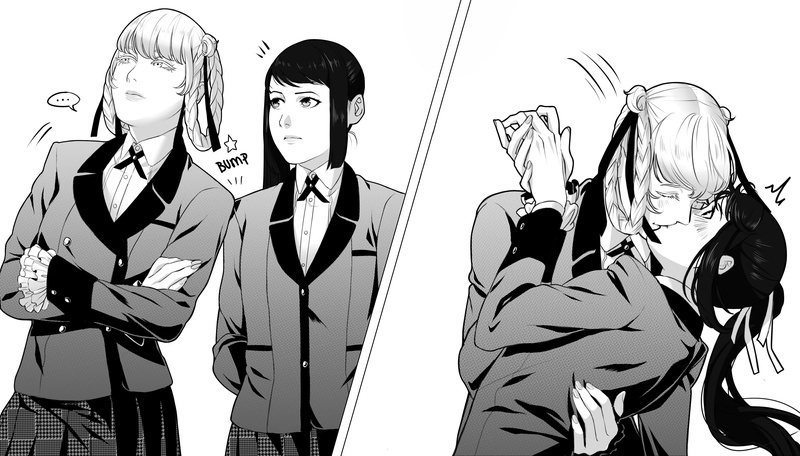Kirari Momobami, simple background, embarrassed, ponytail, monochrome, braided hair, bangs, looking away, Kakegurui, hugging, long hair, JK, holding hands