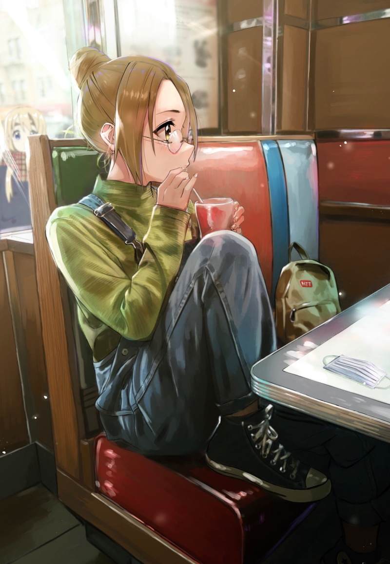 hairbun, 1080P, women with glasses, Kotobuki Tsumugi, 2D, restaurant, casual, looking away, anime girls, jeans dresses, JK, drinking, blonde, anime, green t-shirt