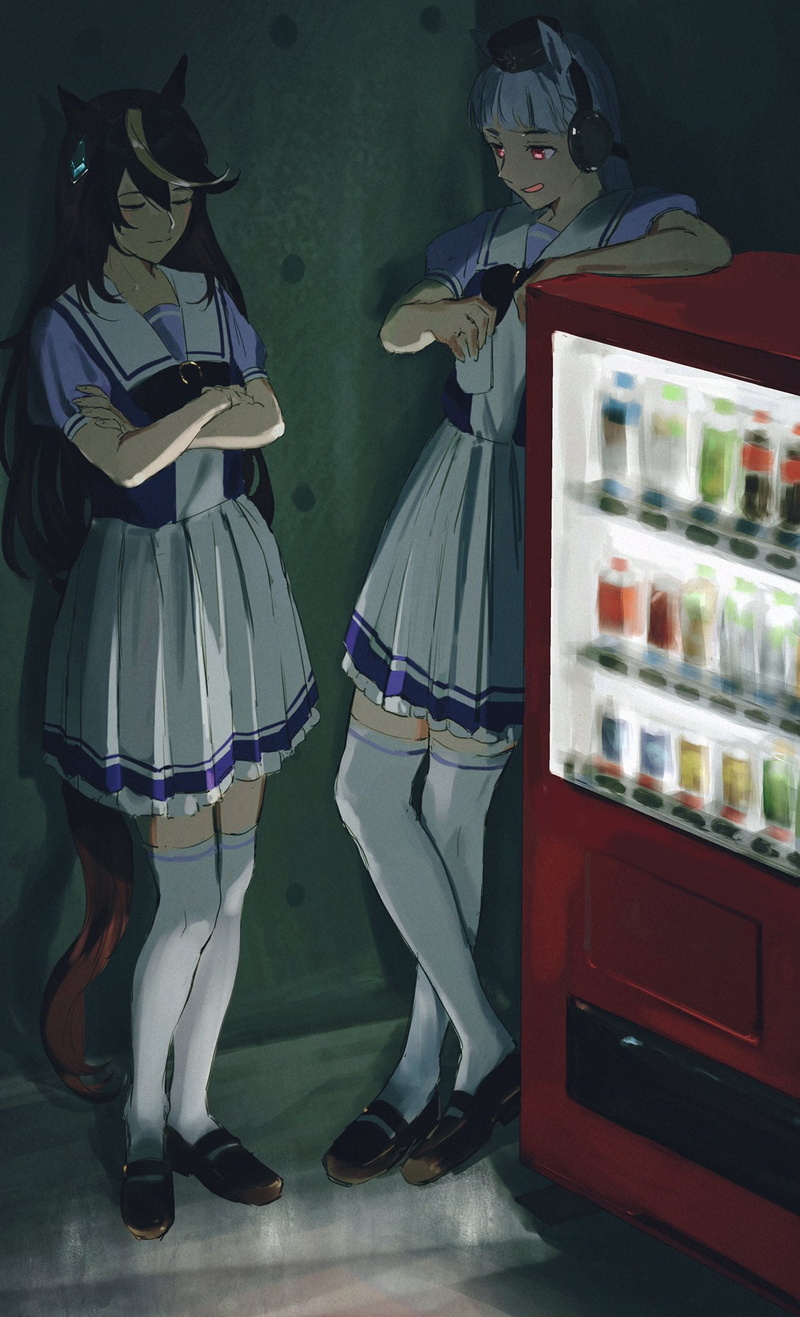 tail, animal ears, arm support, open mouth, white stockings, closed eyes, blushing, red eyes, JK, vending machine, 1080P, thighs, cup, Gold Ship (Uma Musume)
