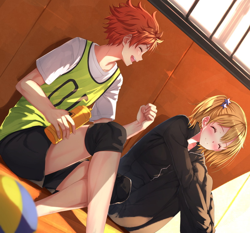 Hinata Shouyou, T shirt, Yachi Hitoka, Haikyuu, shorts, Anime Boys, Anime Girls, 720P, Swordsouls, sitting