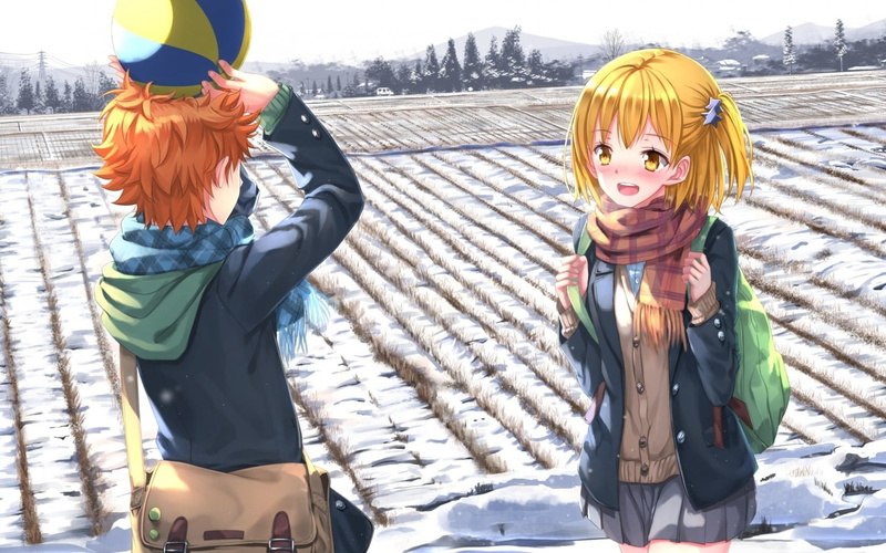 anime girls, short hair, lifestyles, clothing, cold temperature, scarf, winter, ball, child, blonde, togetherness, Haikyuu!!, bonding, sister, anime boys