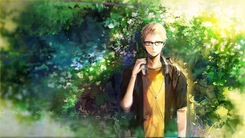 green color, blond hair, Kei Tsukishima, casual clothing, looking at camera, adult, Anime, portrait, glasses, hairstyle, Headphones, outdoors, Haikyu!!