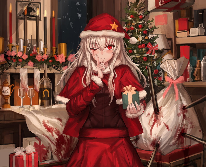 merry christmas, the villain, a Christmas tale, hell of a grin, red eyes, bloody tears, blood, the Santa suit, by Iithium10vg, 2K, surprise