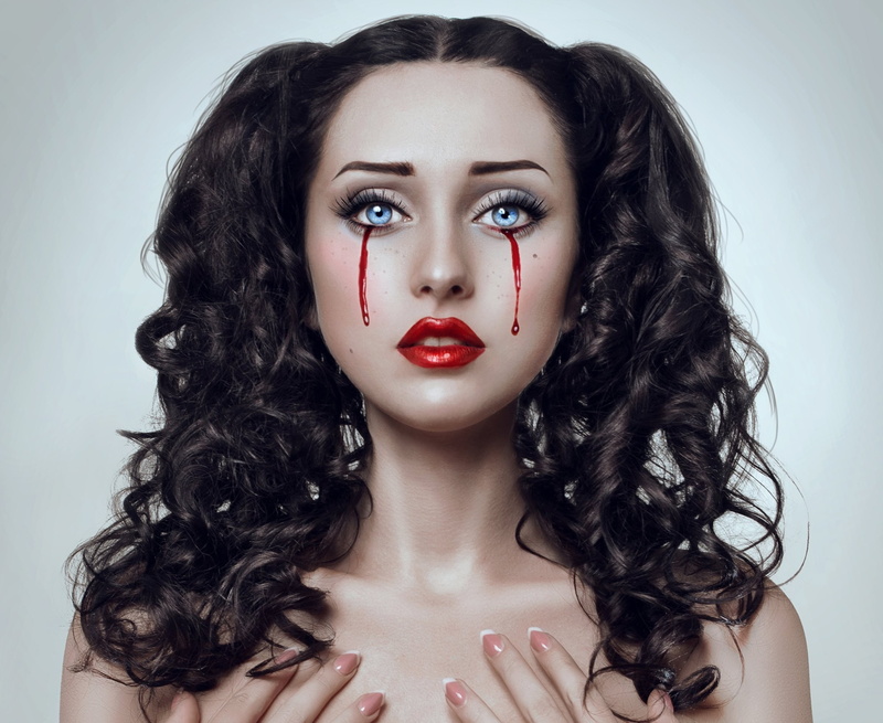 long hair, studio shot, black hair, human lips, eyes, lipstick, hair, Bloody Tears, face, make-up, one person, body part, 1080P, curly hair, luxury, headshot