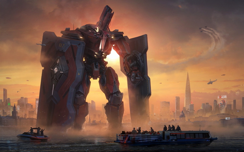 robot, jaeger, boat, the city, pacific rim, art, shield, river, sunset, 2K