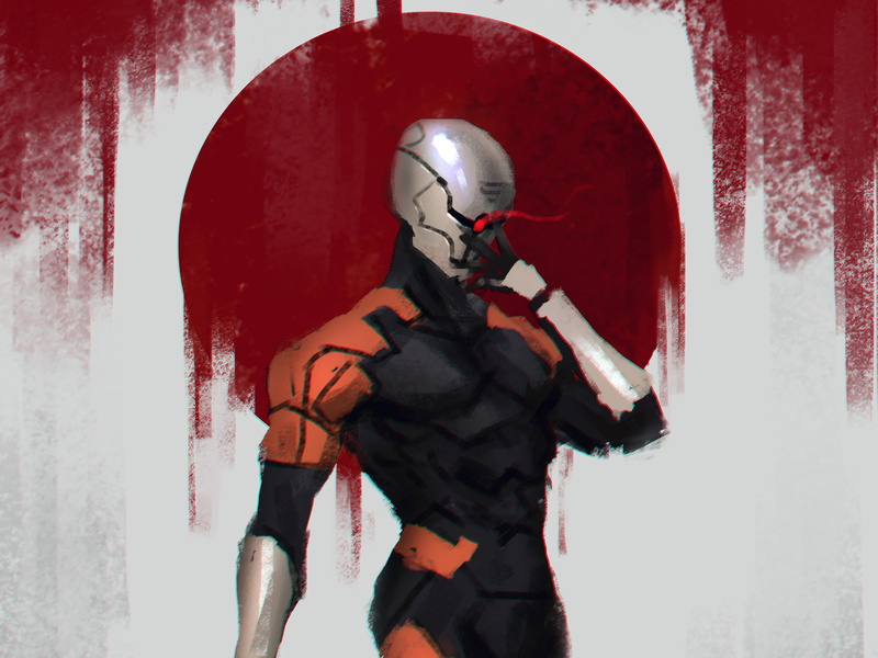 wearing, cyborg, person, suit, digital, 2K, Gray Fox, Metal Gear, cyborg ninja, orange, character, Metal Gear Solid, anime, Null, black, Frank Jaeger