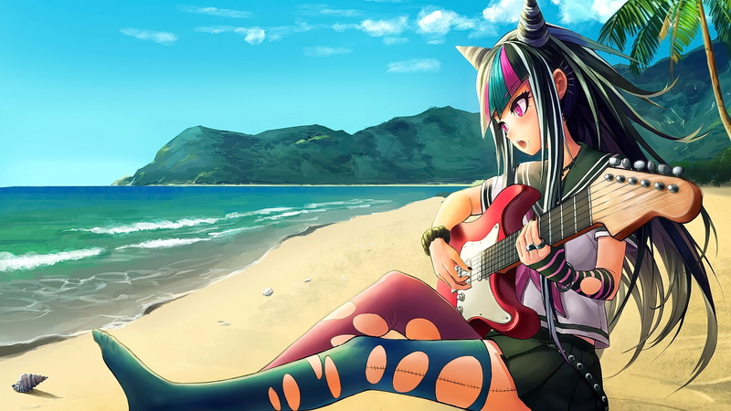 sky, Danganronpa, clouds, open mouth, musical instrument, brunette, looking away, 1080P, Ibuki Mioda, pink eyes, long hair, anime, guitar, anime girls