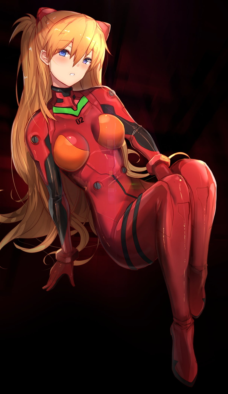 artwork, 2D, fan art, illustration, plugsuit, looking at viewer, drawing, anime, Neon Genesis Evangelion, women, long hair, Asuka Langley Soryu, dark background