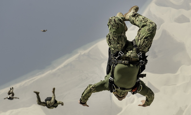 full length, skydiving, spec ops, army soldier, government, nature, people, motion, tactical, rear view, uniform, mid-air, mountain, sky, army, armed forces