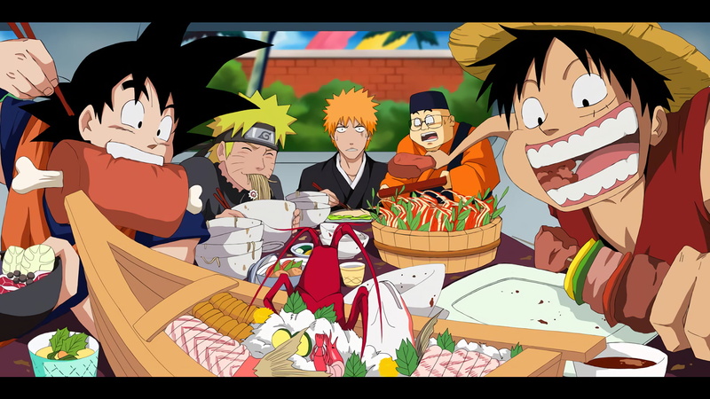 transfer print, Goku, Naruto Uzumaki, Crossover, representation, outdoors, multi colored, day, women, auto post production filter, Monkey D. Luffy, adult