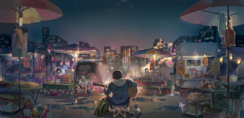 Boy, Anime, People, 1080P, Original, Guitar, City