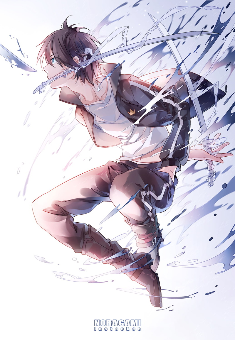 anime boys, Noragami, Yato (Noragami), black hair, sword, blue eyes, 720P