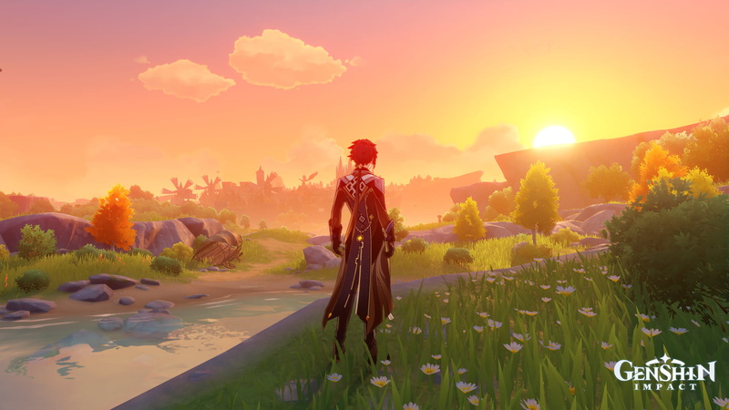 1080P, Zhongli, sunset, Genshin Impact, orange background