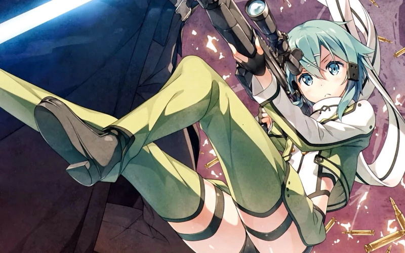 blue eyes, 720P, Sinon (Sword Art Online), anime, anime girls, PC gaming, rifles, Sword Art Online Alternative: Gun Gale Online, legs, weapon, Sword Art Online