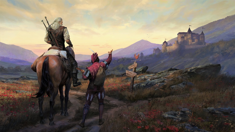 road sign, Geralt of Rivia, Roach, The Witcher, Dandelion (character), road, Gwent, The Witcher (TV Series), The Witcher 3: Wild Hunt, castle, digital art