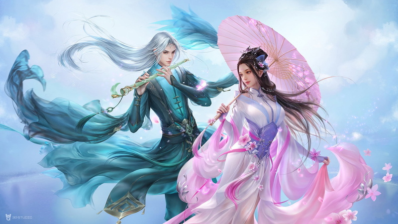 art, pair, fantasy, Han Palace autumnandChiaki dream, 1080P, flowers, Sakura, bard, spring, the game, costume design, 3Q STUDIO