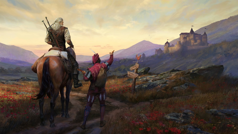 Dandelion (character), The Witcher, castle, artwork, road sign, 4K, bard, Gwent, digital art, Toussaint, Jaskier, The Witcher 3: Wild Hunt