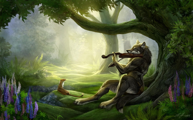 bard, music, forest, fox, 3d and abstract, sunshine, 2K, fidle, fantasy, violin, fiddle