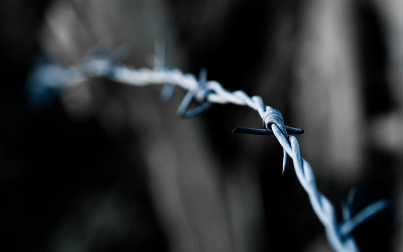 bard, selective focus, day, gray, barrier, barbed Wire, sign, sharp, wire, 1080P, twisted, fence, outdoors, steel, security, close-up, communication, boundary