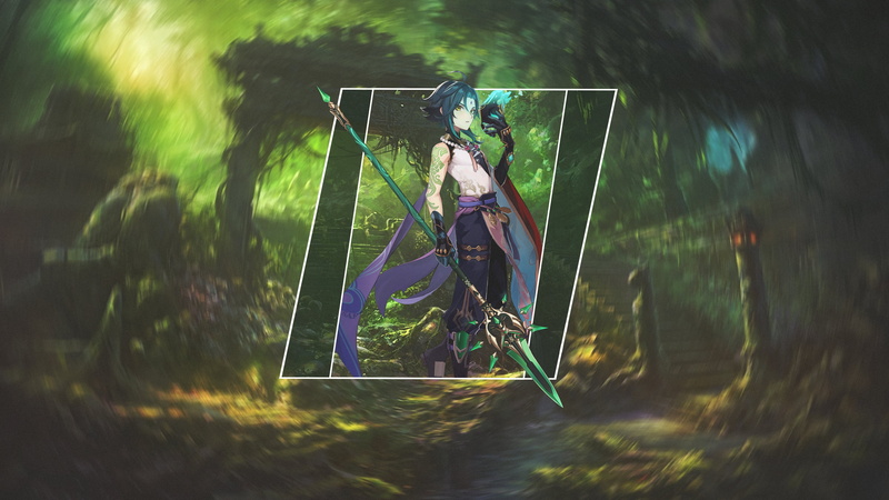 green, 4K, anime boys, picture-in-picture, forest, spear, Genshin Impact, xiao, fan art