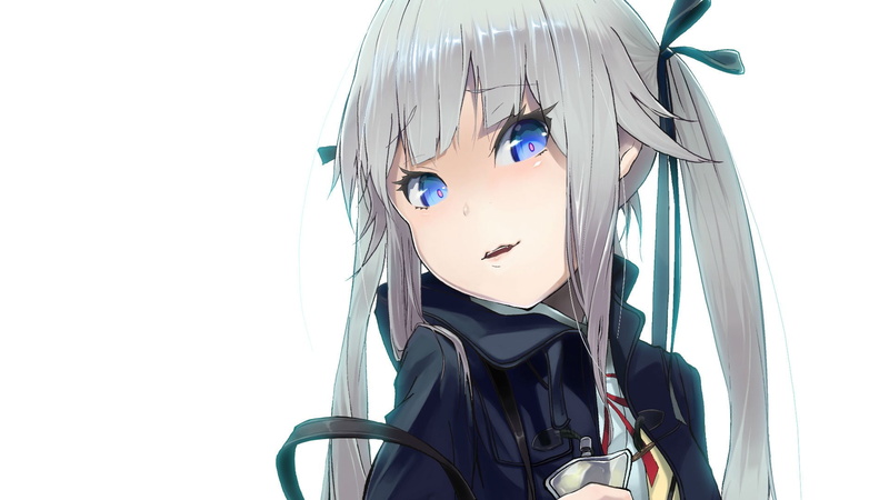school uniform, twintails, white background, female likeness, silver hair, indoors, childhood, hair, nature, hairstyle, close-up, open mouth, leisure activity